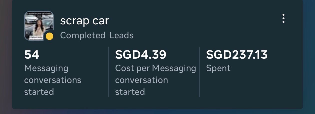 Meta Ads scrap-car campaign — 54 messaging conversations at S$4.39 each, S$237 spent